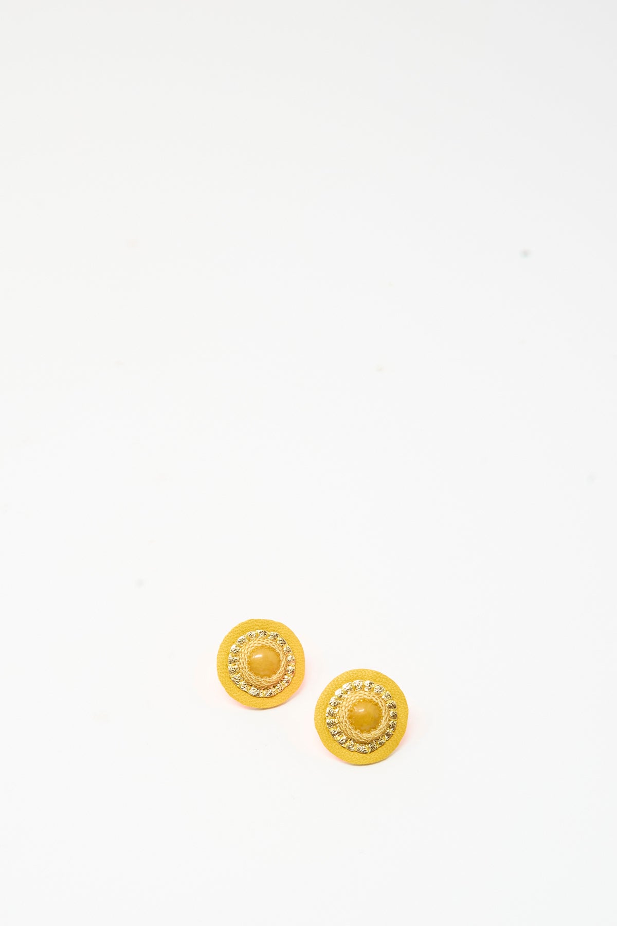 Robin Mollicone Stud Earrings in Jasper featuring two circular yellow stones with gold-toned metallic detail.