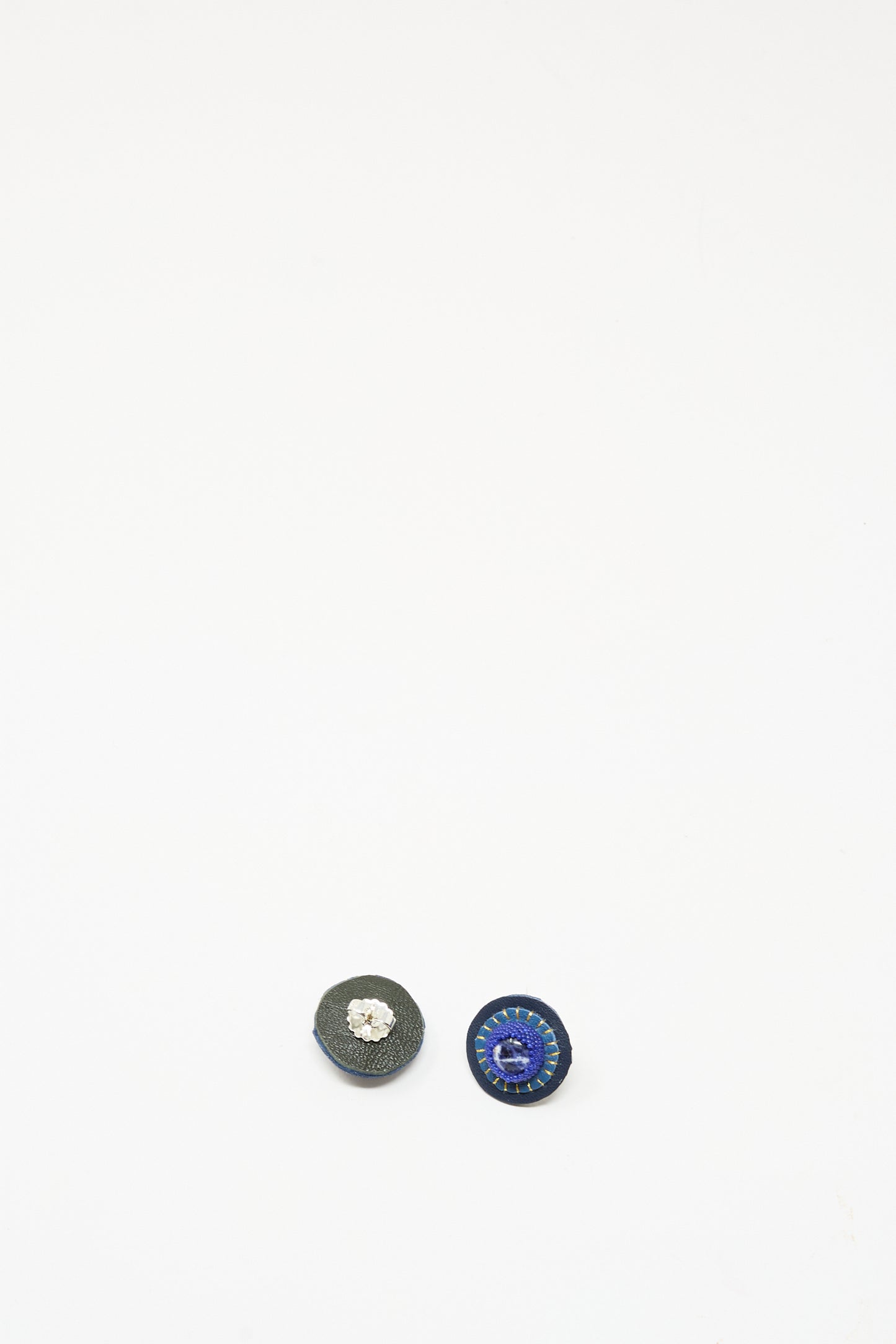 Two round, fabric-covered Stud Earrings in Sodalite by Robin Mollicone are displayed side by side on a plain white background, resembling handmade pieces crafted with sterling silver findings.