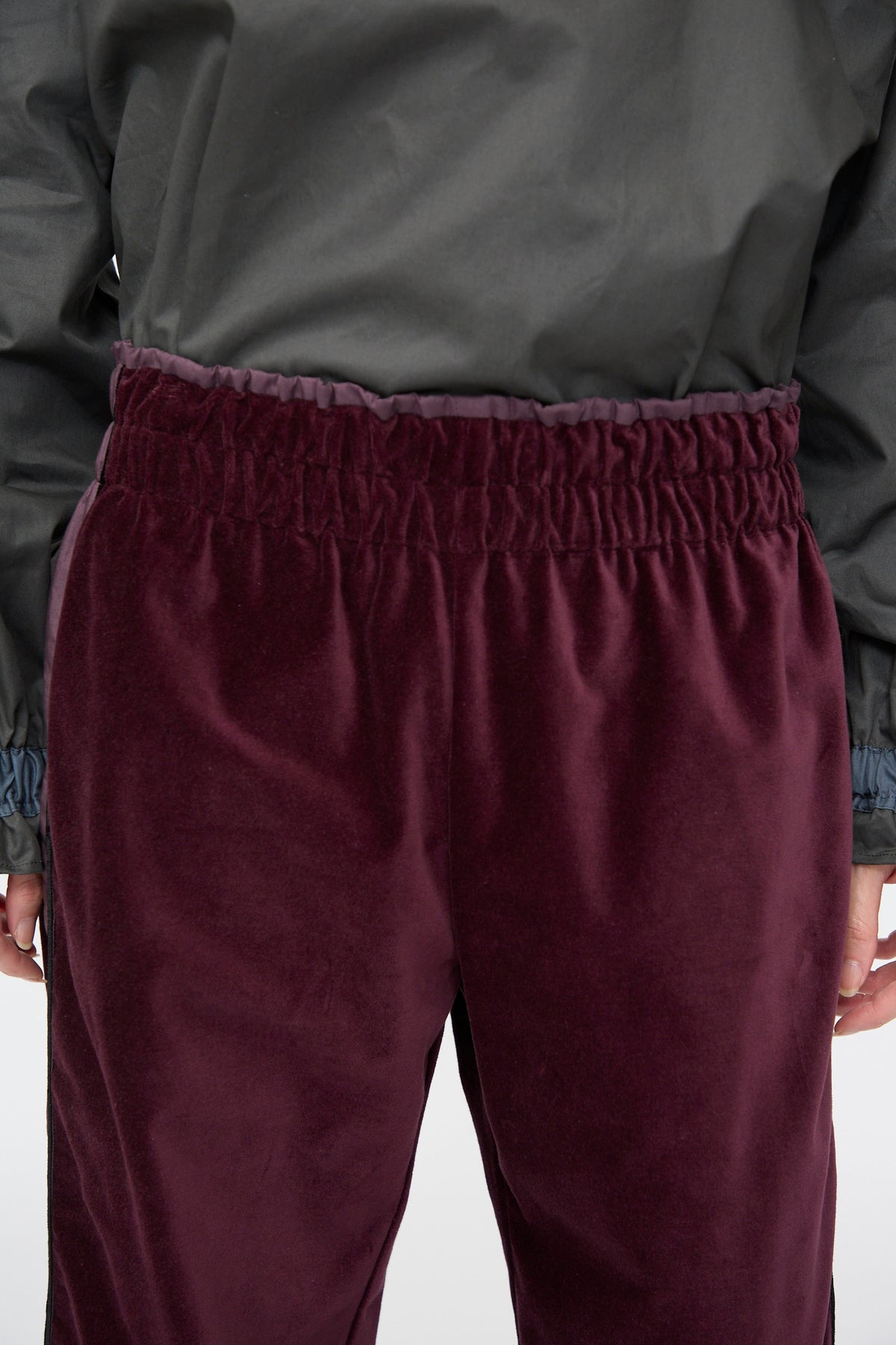 SC103 Cotton Velvet Chord Pants in Noble: deep plum cotton velvet trousers with a straight-leg cut and an elasticated, gathered waistband.