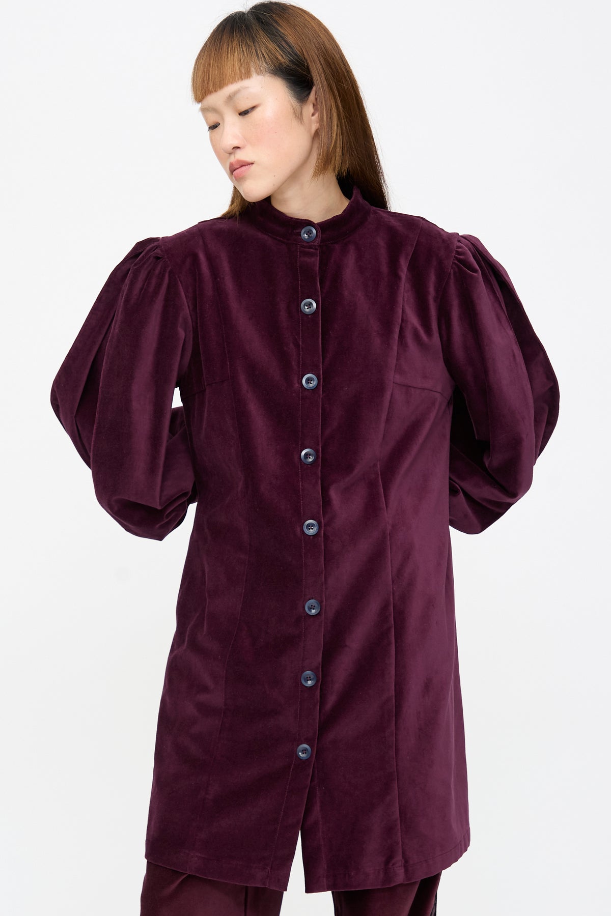 The SC103 Cotton Velvet Index Dress in Noble is a deep purple midi dress with a high collar, front button placket, and balloon sleeves.