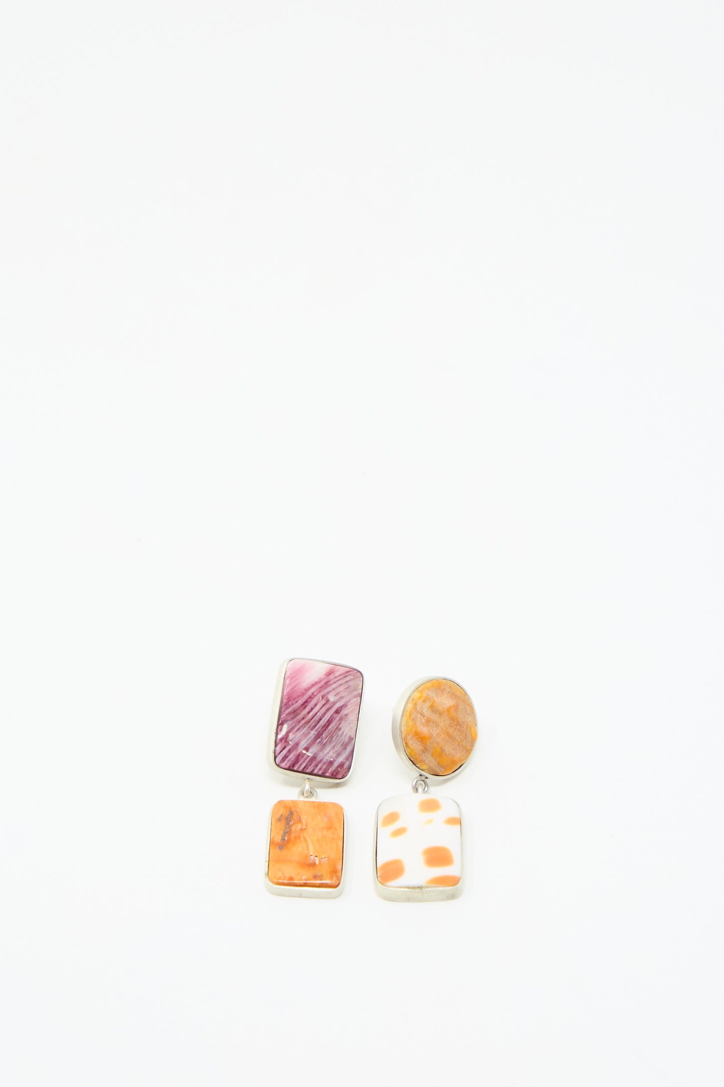 The La Ma r Sterling Silver No. 09 Earrings in Pink and Orange Shell on a light background, set with sterling silver details.