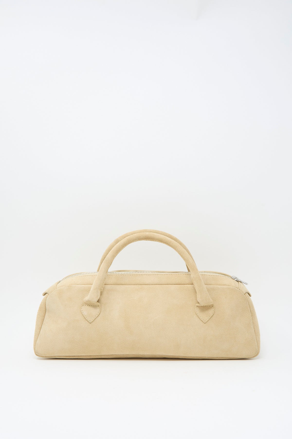 Sabina Suede The Bottle Bag in cream, featuring a top zipper and two handles.