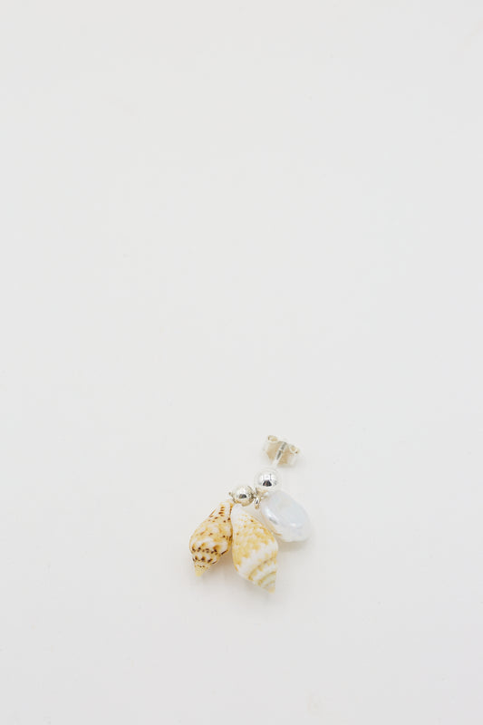 A single Santangelo Double Shell Bebecita earrings with keshi pearl accents on a white background.
