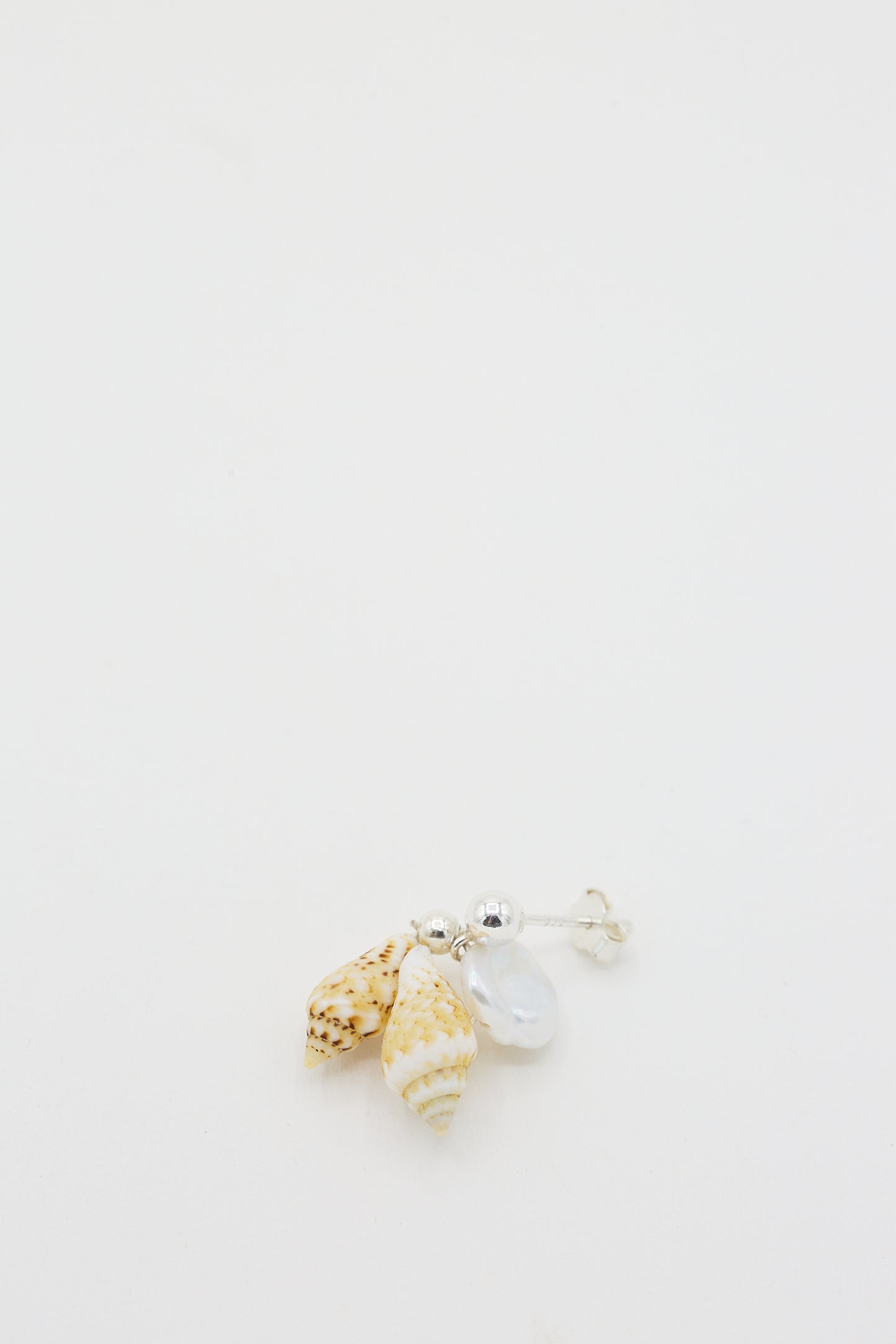 Santangelo Keshi pearl and Double Shell Bebecita Earrings on a white background with sterling silver hardware.