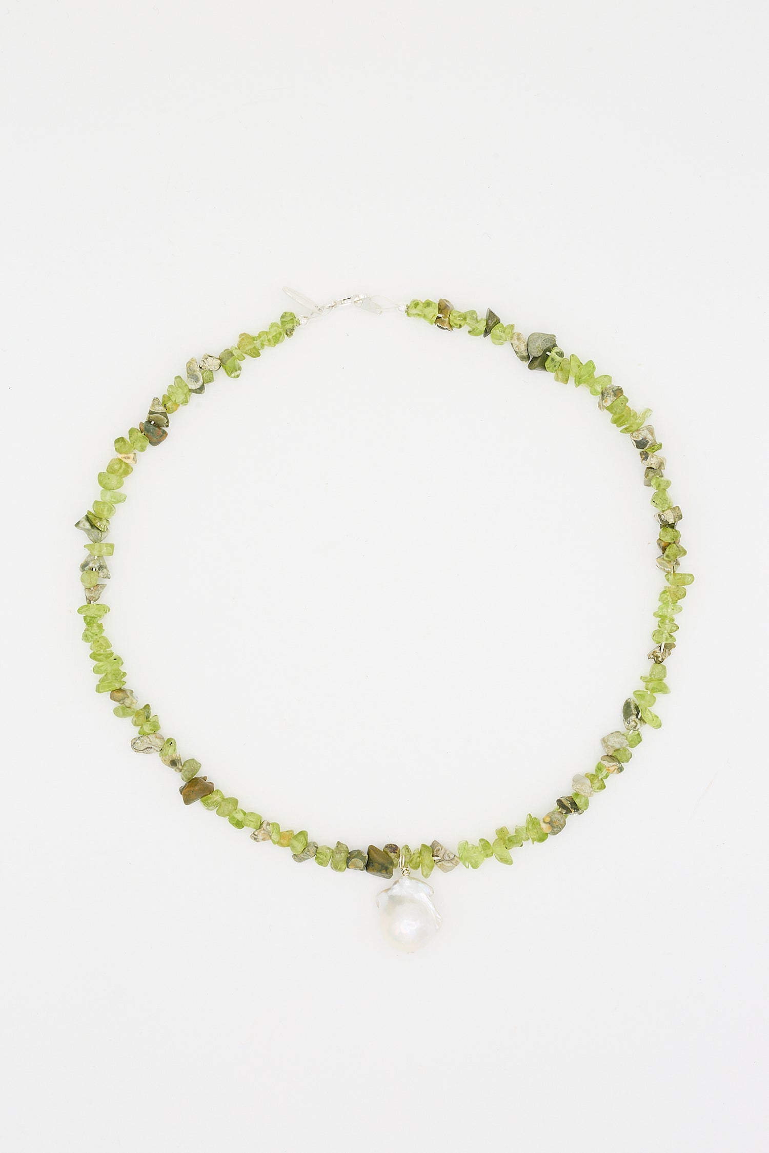 Santangelo's Kitano Necklace in Green with a single cultured fireball pearl pendant on a white background.