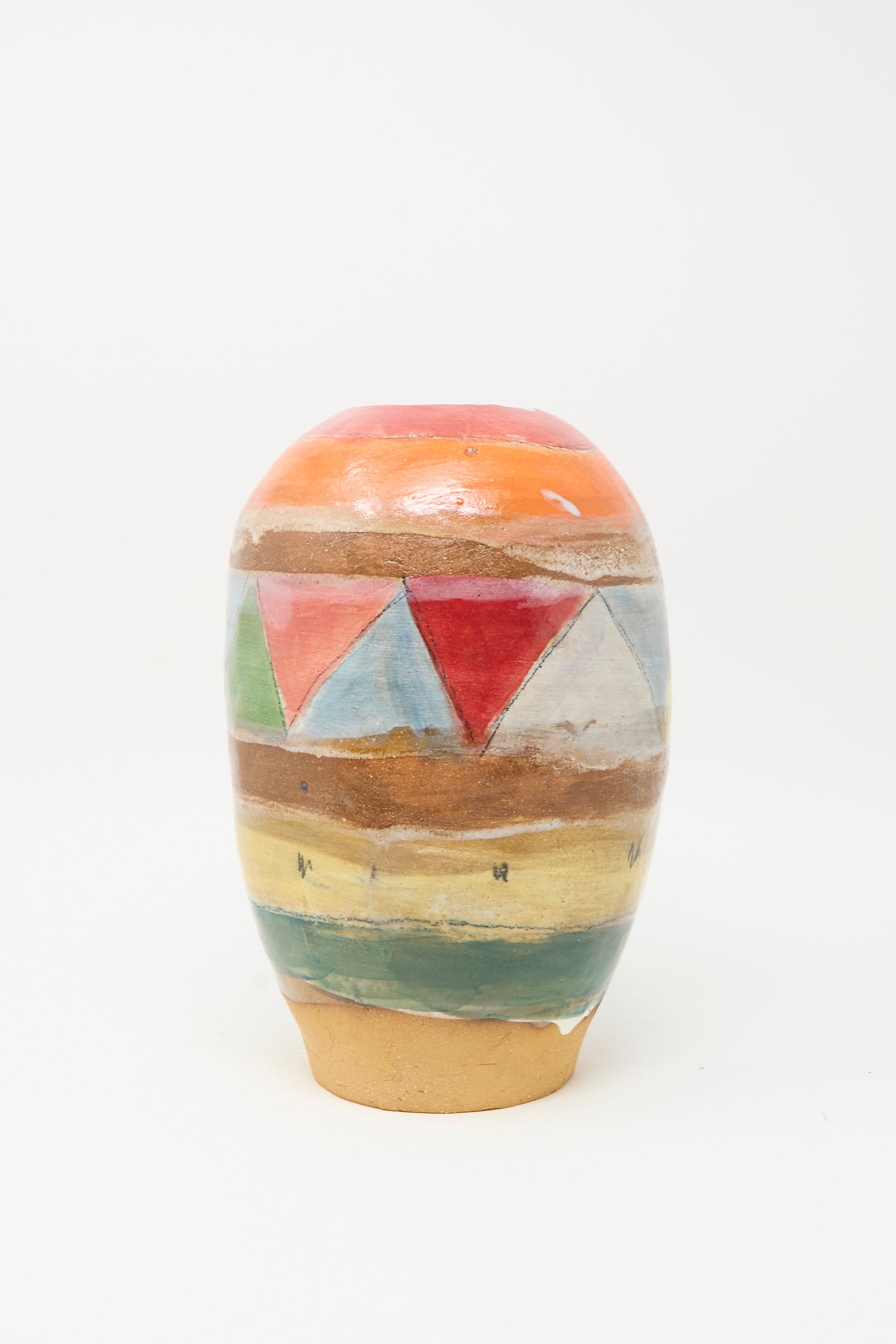 The Triangle Vase in Multi by Shino Takeda is a handmade clay vase with a rounded shape, featuring vibrant triangles and horizontal stripes for a unique, colorful look.