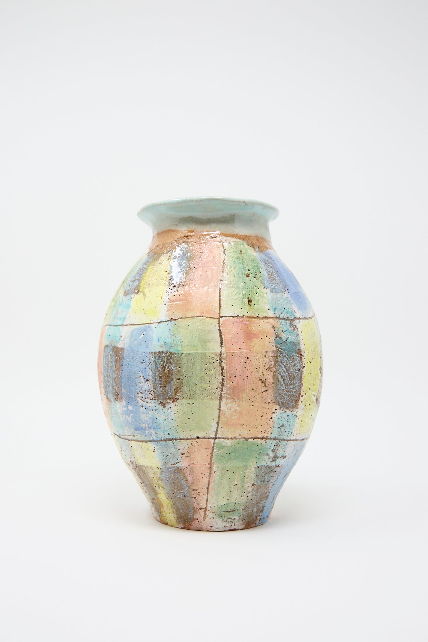 The Vase in Pastel Plaid with Blue by Shino Takeda is shown against a plain white background.