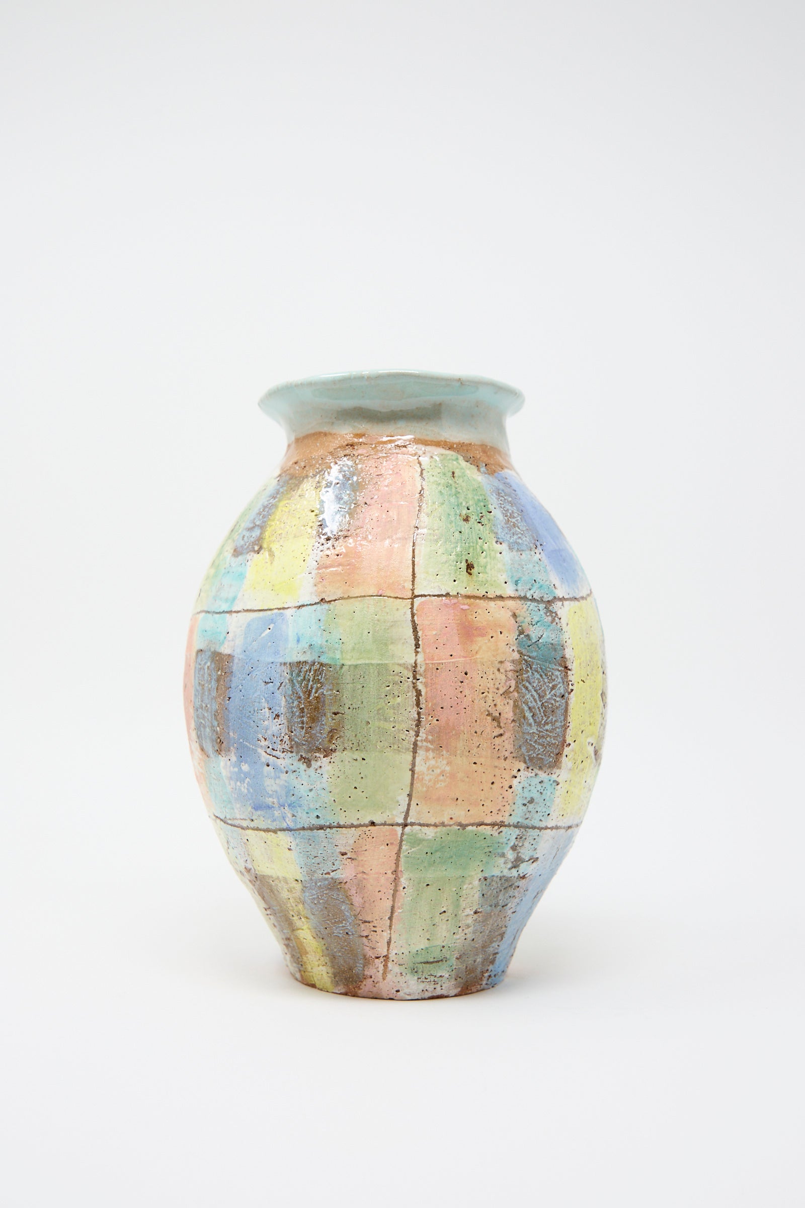 The Vase in Pastel Plaid with Blue by Shino Takeda is shown against a plain white background.