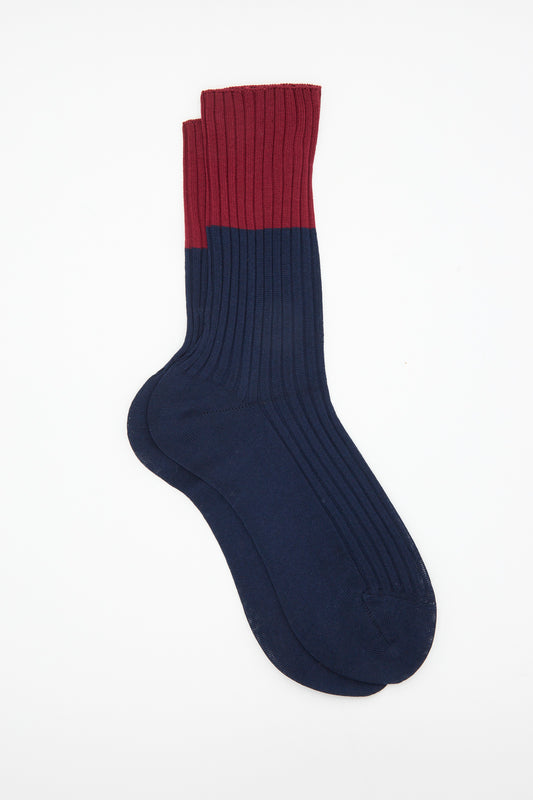 Sofie D’Hoore Bi-Colored Four Rib Sock in Navy, a mid-calf ribbed sock featuring a navy blue foot and a burgundy cuff.