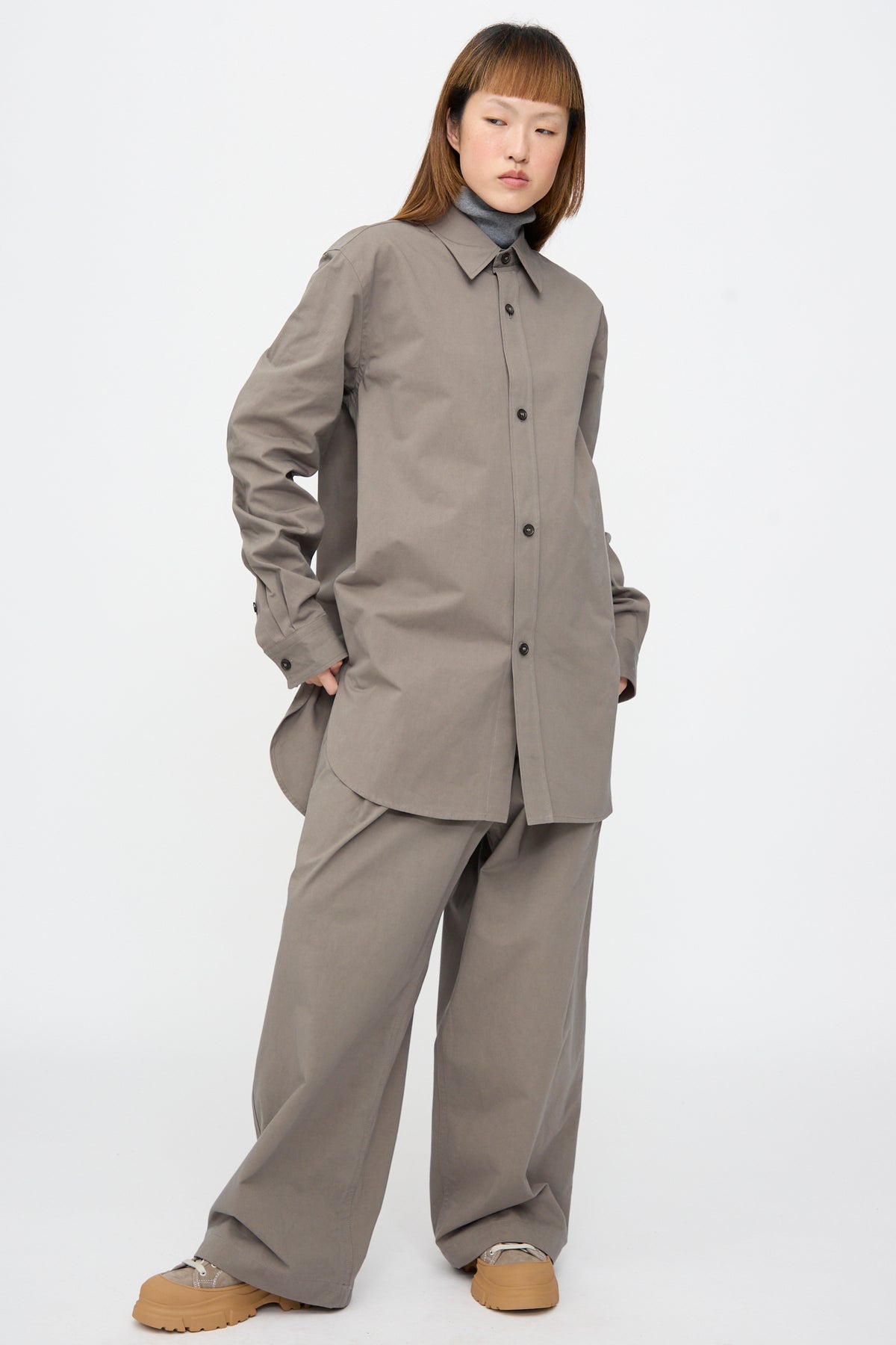 Model wearing a Brushed Cotton Voile Breg Shirt and matching oversized wide-leg trousers.