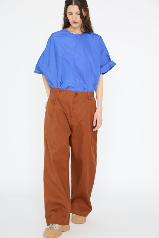 A person is wearing a blue top and Sofie D'Hoore's Cotton Pasadena Pant in Brick, standing against a light background.