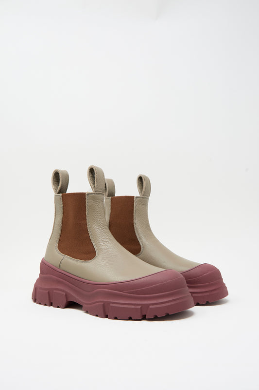 Sofie D’Hoore Fabulous Boot in Taupe: leather Chelsea boots with brown elastic side panels and a thick, maroon lugged platform midsole.