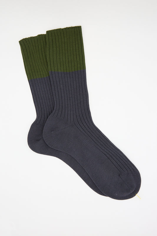 A pair of Ribbed Cotton Four Crew Sock in Khaki and Pebble by Sofie D'Hoore on a white background.