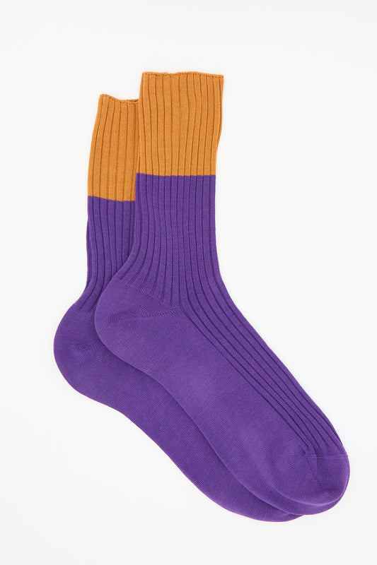 A pair of Ribbed Cotton Four Socks by Sofie D'Hoore, crafted from 100% cotton, featuring a purple foot and leg section complemented by an orange cuff.