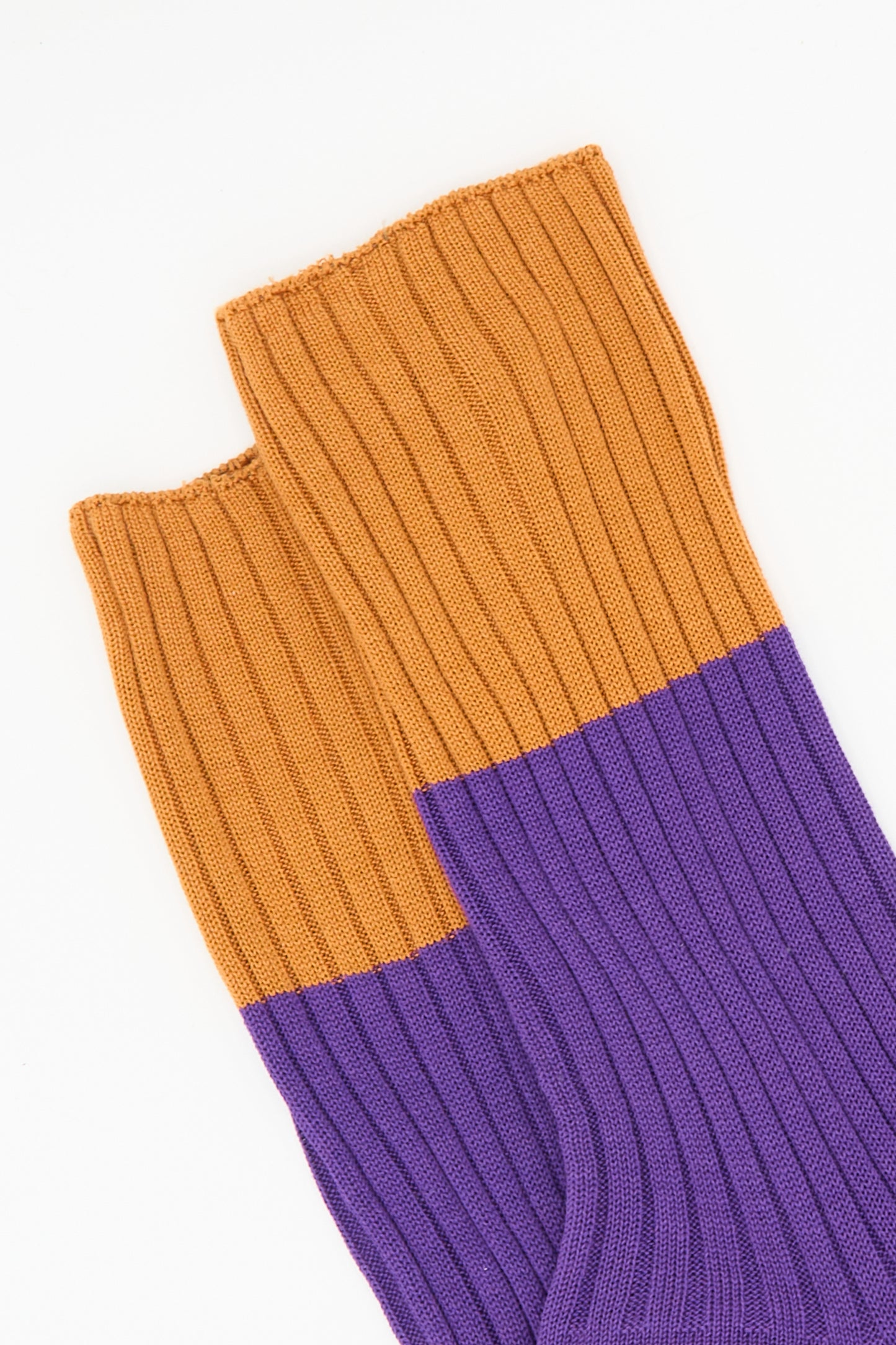 Ribbed Cotton Four Sock in Sienna and Iris by Sofie D'Hoore, made from 100% cotton, placed side by side on a white background.