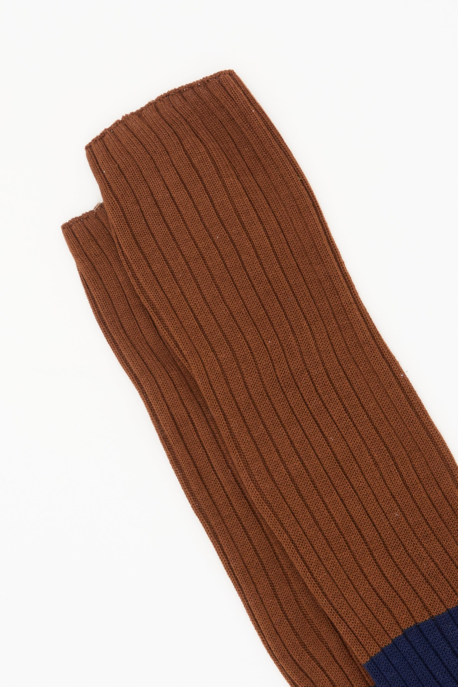 Close-up of a 100% cotton ribbed fabric sleeve with a thumb hole, showing a part of its Rust and Navy end from the Sofie D'Hoore Ribbed Cotton Friday Knee High Sock.