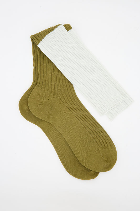 Two Sofie D'Hoore Ribbed Friday Socks in Mastic and Peanut laid flat on a white background; one is a light beige (Mastic) and the other is brown (Peanut).