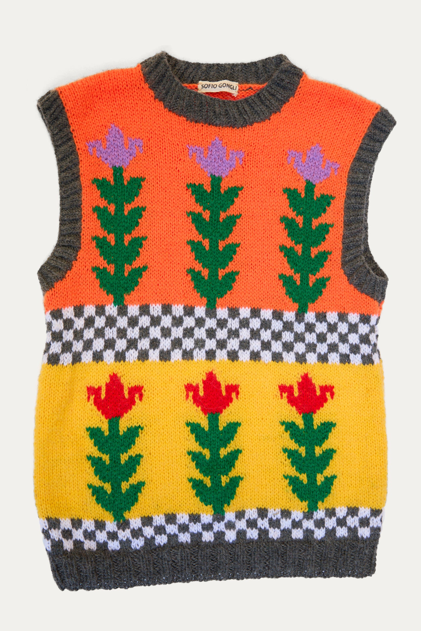 The Sofio Gongli "Vest with Flowers in Orange and Yellow" features a vibrant hand-knit flower checkered design made from a cozy mohair wool blend.