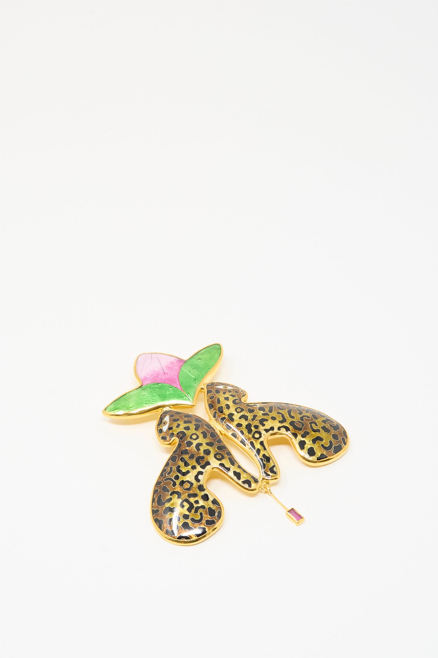 The Sofio Gongli Leopard and Flower Pendant features a 14K gold plated butterfly shape with a leopard print and pink-green flower, shown on a plain white background.
