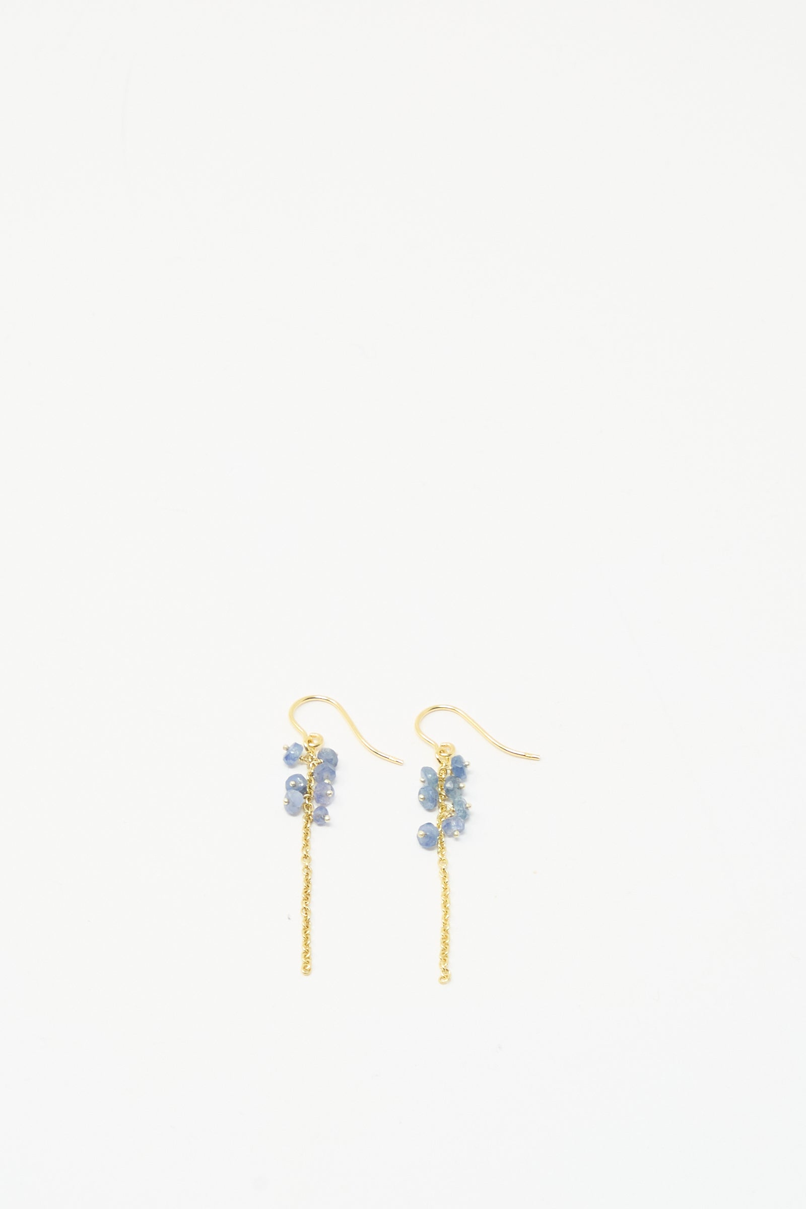 Stephanie Schneider Gold Plated Sterling Silver Earrings feature clusters of blue sapphires near the hooks, shown against a plain white background.