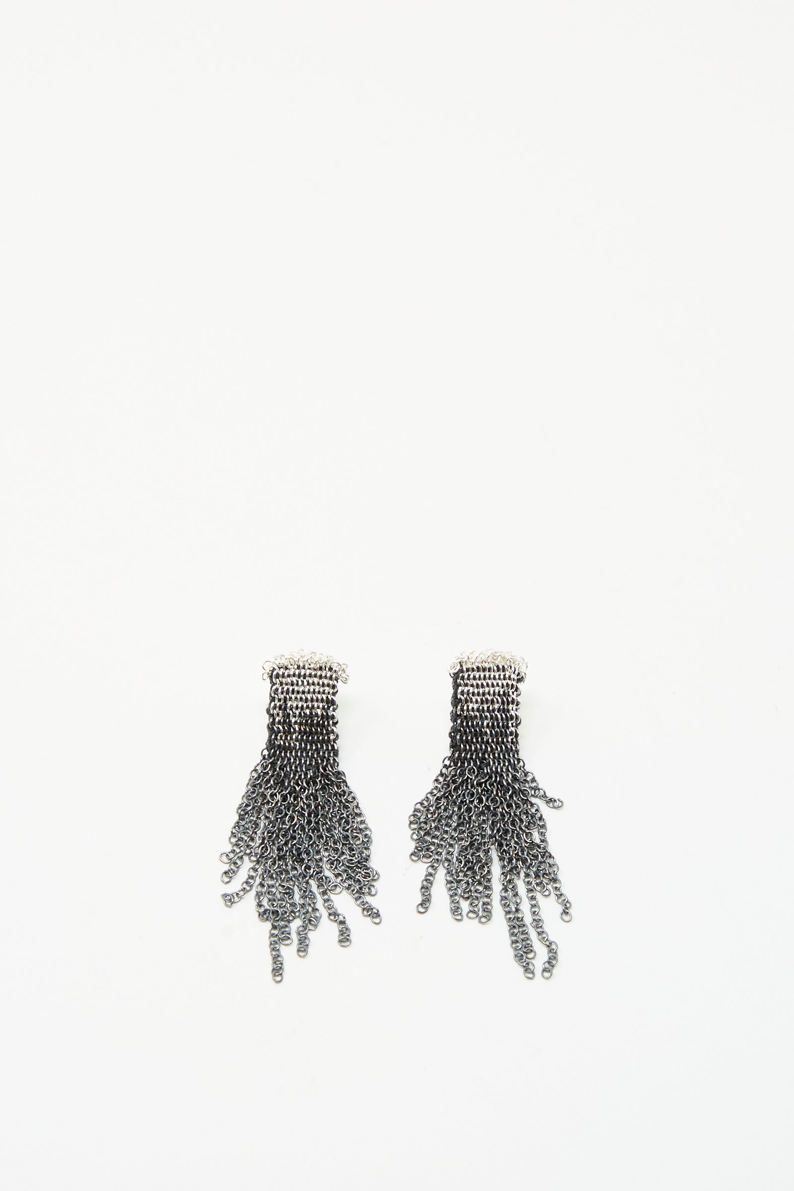 Sterling Silver Oxidized and Silk Earrings in Anthracite by Stephanie Schneider, featuring a black fringe, shown against a plain white background.