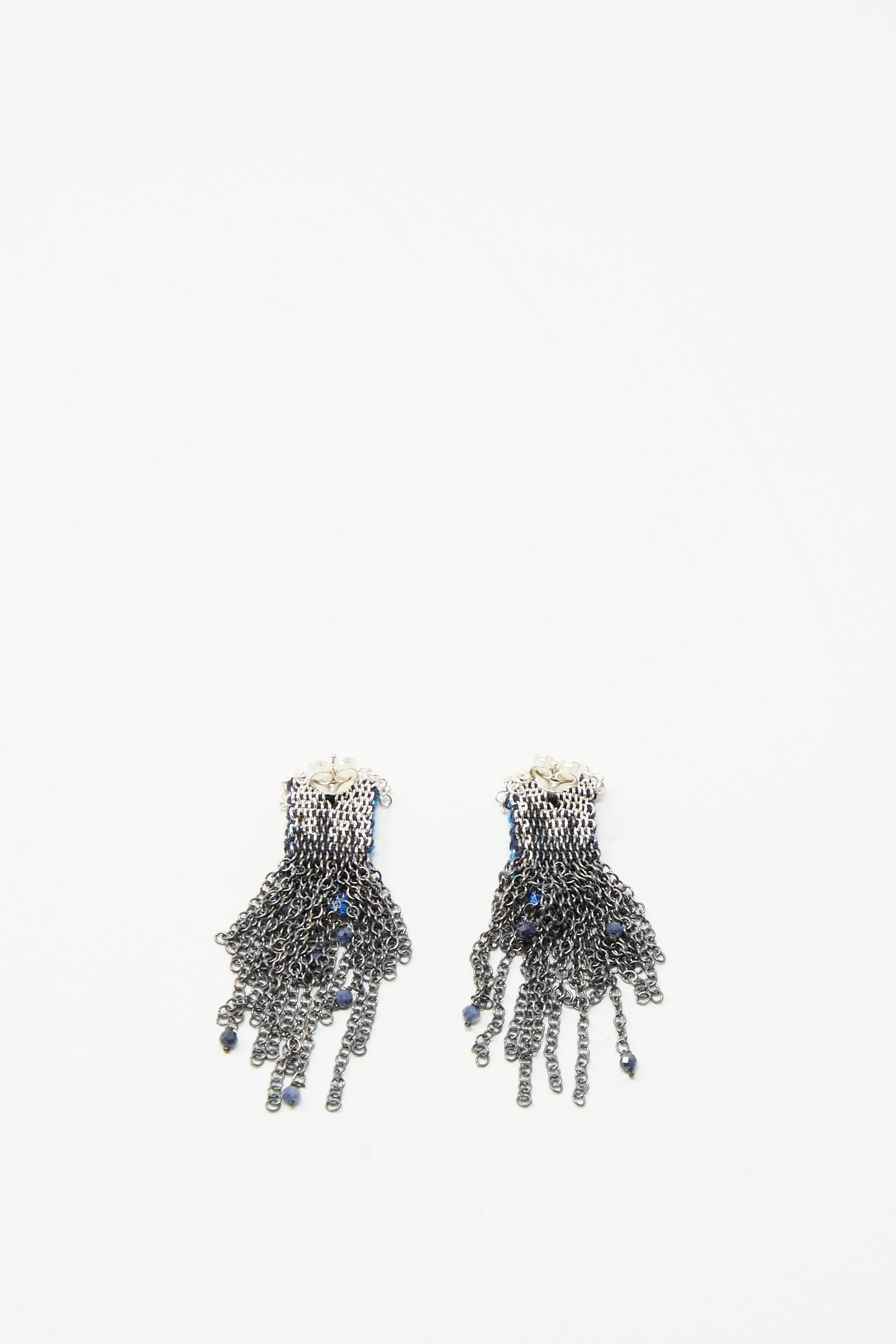 Stephanie Schneider Sterling Silver and Silk Earrings in Blue with Sapphires, featuring black accents and small blue beads, displayed on a white background.
