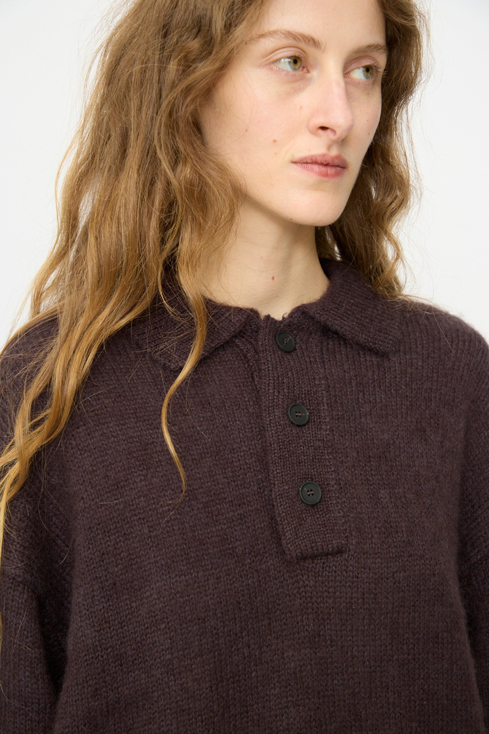 Someone with long wavy hair, looking slightly to the side, wears the Studio Nicholson Brushed Mohair Dune Knit Shirt in Espresso—a dark brown, long sleeve sweater with a collar.