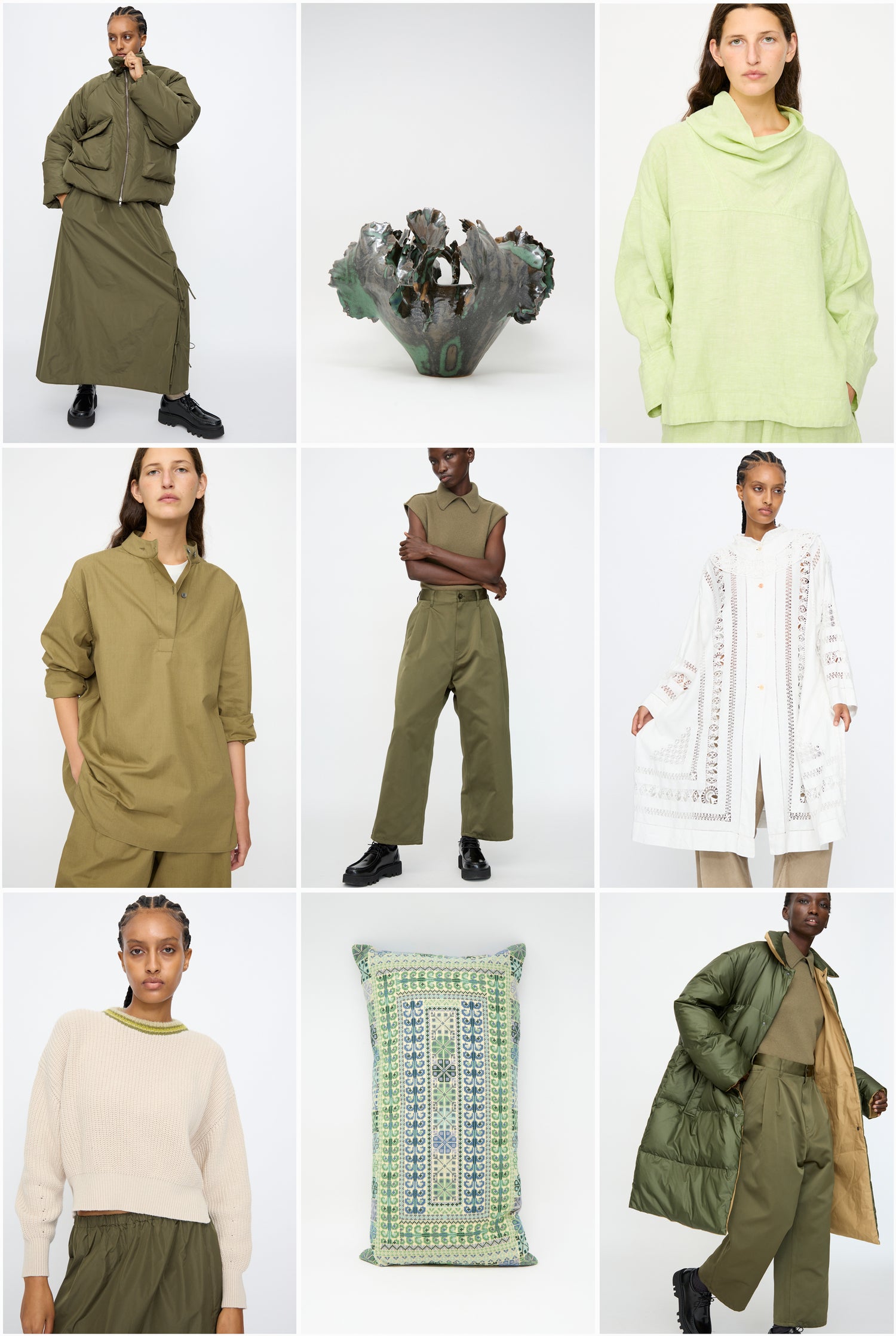 Collage of people wearing green-themed clothing and accessories.
