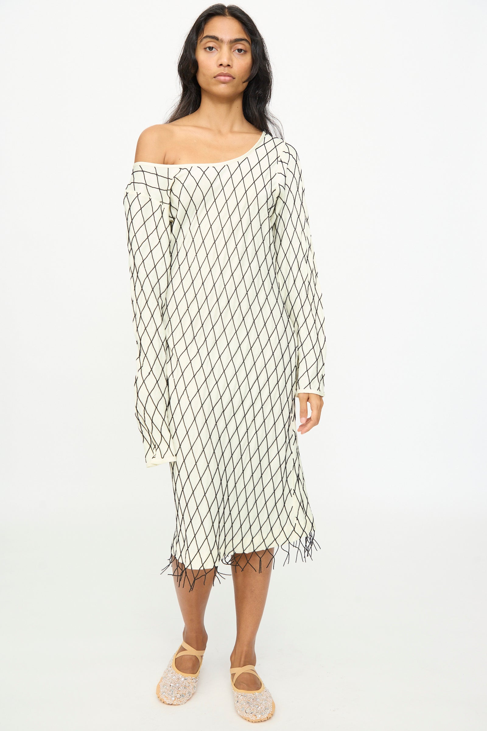 Tigra Tigra - Off the Shoulder Dress in Pale Yellow with Beads