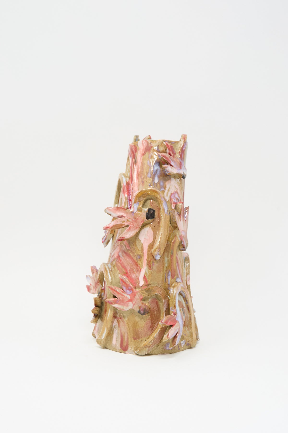 Tamar Mogendorff Cyclamens in the Wild Vase I, a handmade ceramic vase decorated in a multicolored glaze of raised pink and brown floral motifs.