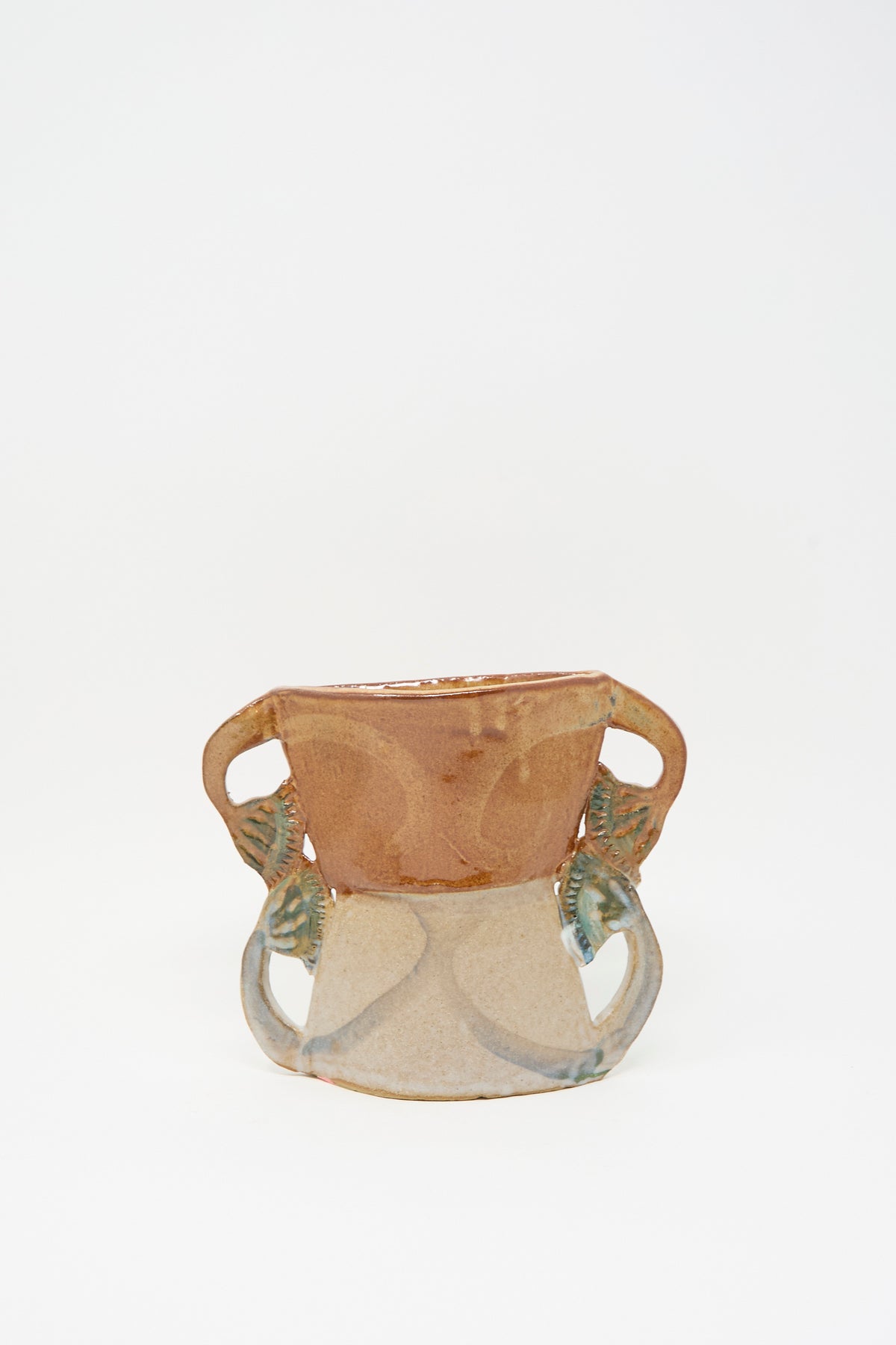 Four Papyrus Vase, a handmade ceramic vase with two handles and a two-toned tan glazed finish.