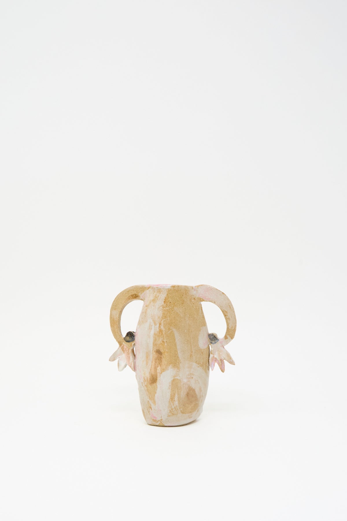 A Pink Cyclamens Vase by Tamar Mogendorff, a handmade, multicolored ceramic vessel with two handles.