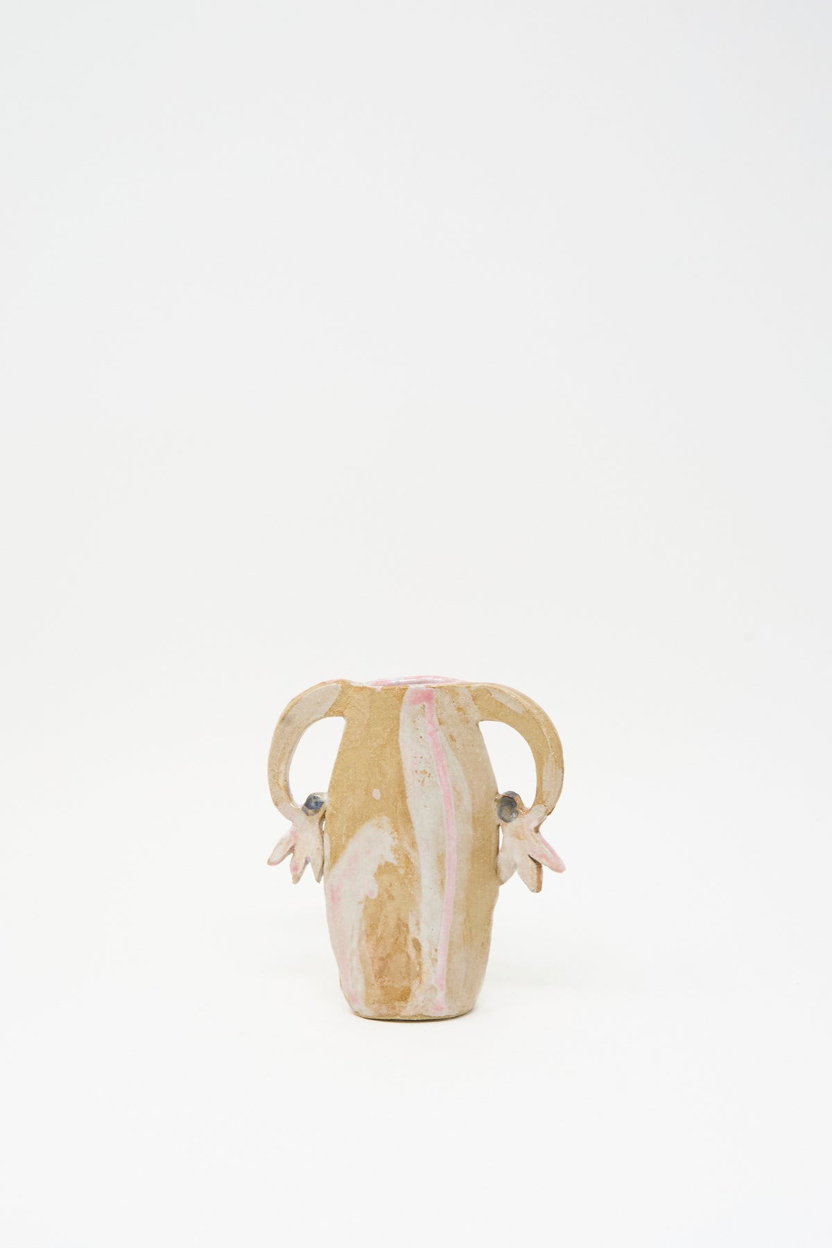 Pink Cyclamens Vase by Tamar Mogendorff: a handmade tan ceramic vase with two handles, petal motifs, multicolored glaze, and pink paint accents.