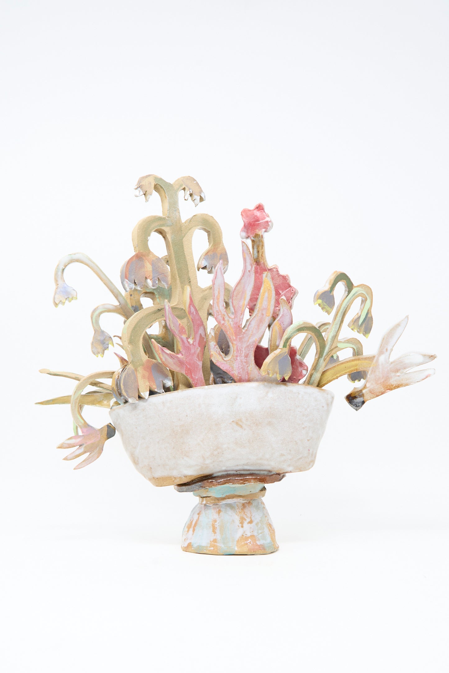 The "Spring Flower Arrangement" by Tamar Mogendorff is a handmade Brooklyn ceramic sculpture featuring abstract, colorful plant shapes—a unique floral home decor piece displayed on a plain white background.