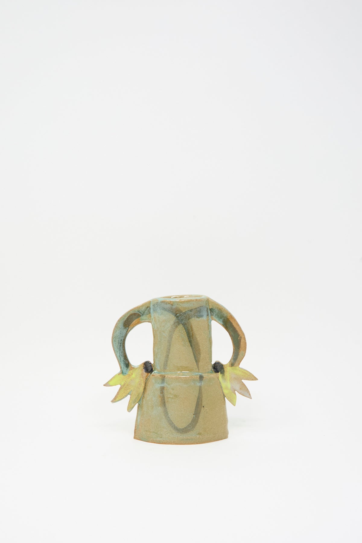 Tamar Mogendorff Two Cyclamens Vase in Celadon Green I, a hand-built ceramic vase with two arching handles and small leaf-shaped protrusions at the base.