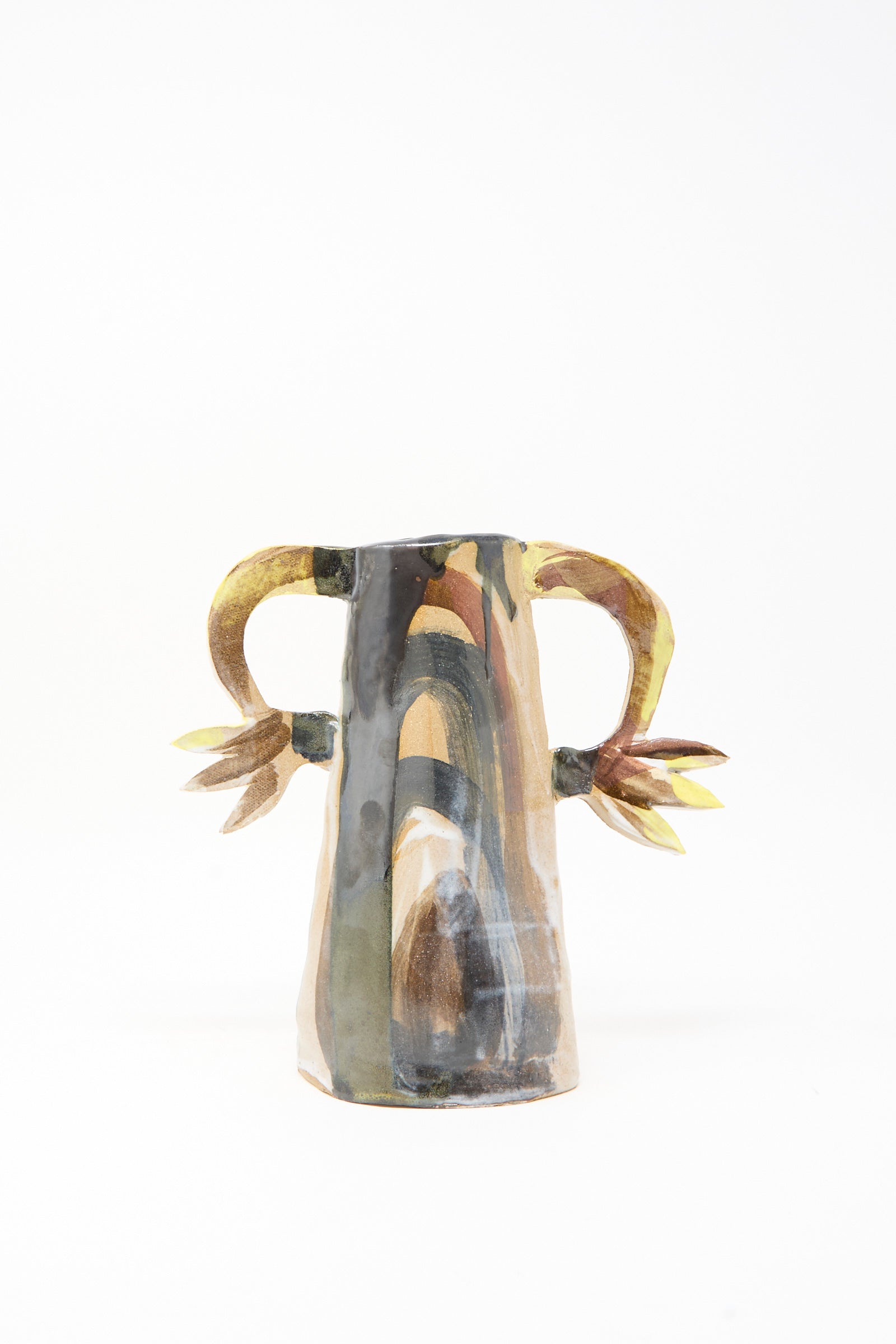The Two Cyclamens on Top of a Mountain Vase by Tamar Mogendorff features two curved handles, leaf-like details, and a marbled brown, yellow, and gray pattern on white—abstractly handmade in Brooklyn for a modern look.