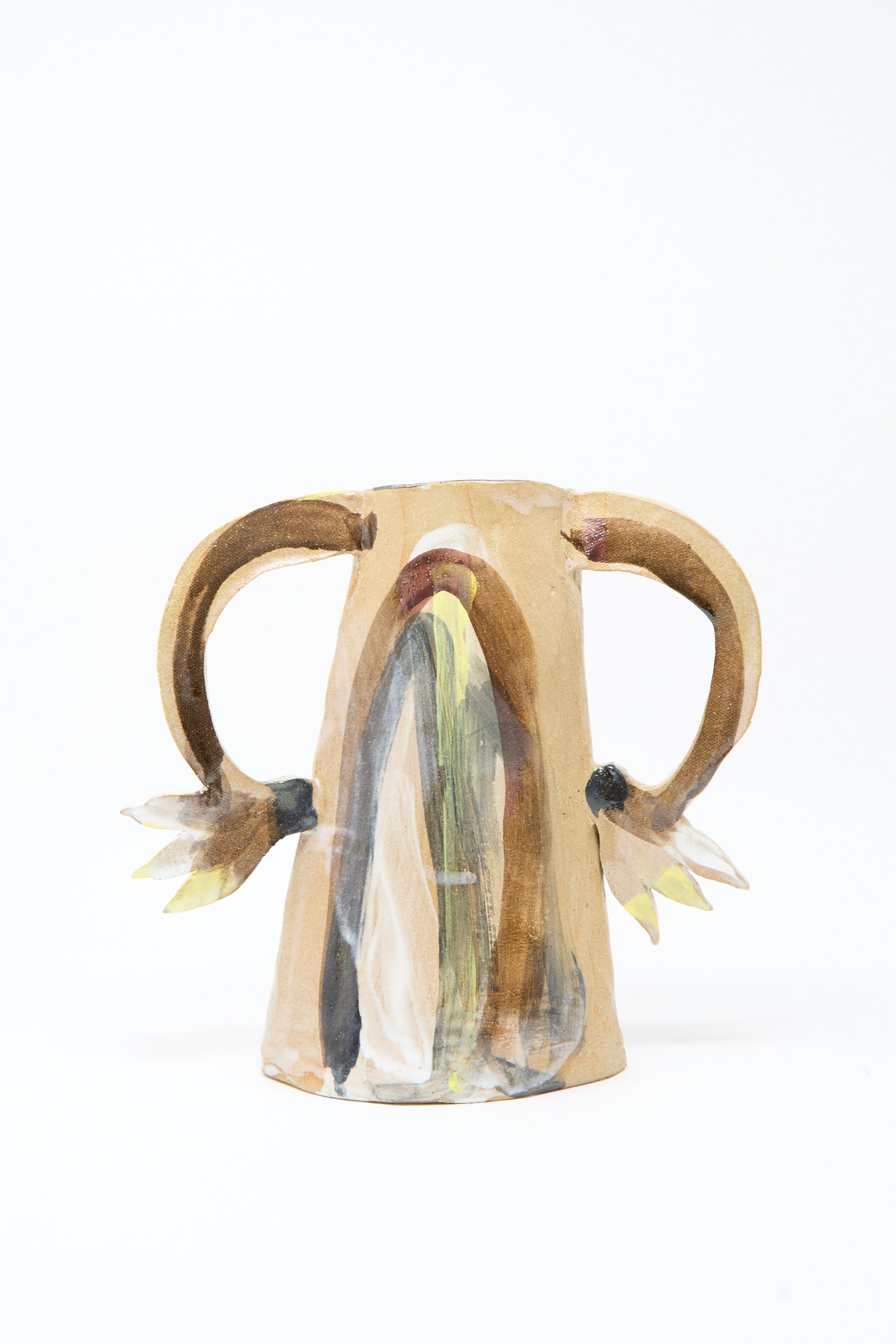 The Two Cyclamens on Top of a Mountain Vase II by Tamar Mogendorff is a handmade ceramic piece with two curved handles and abstract patterns in brown, yellow, gray, and white, inspired by Brooklyn’s vibrant artistry.