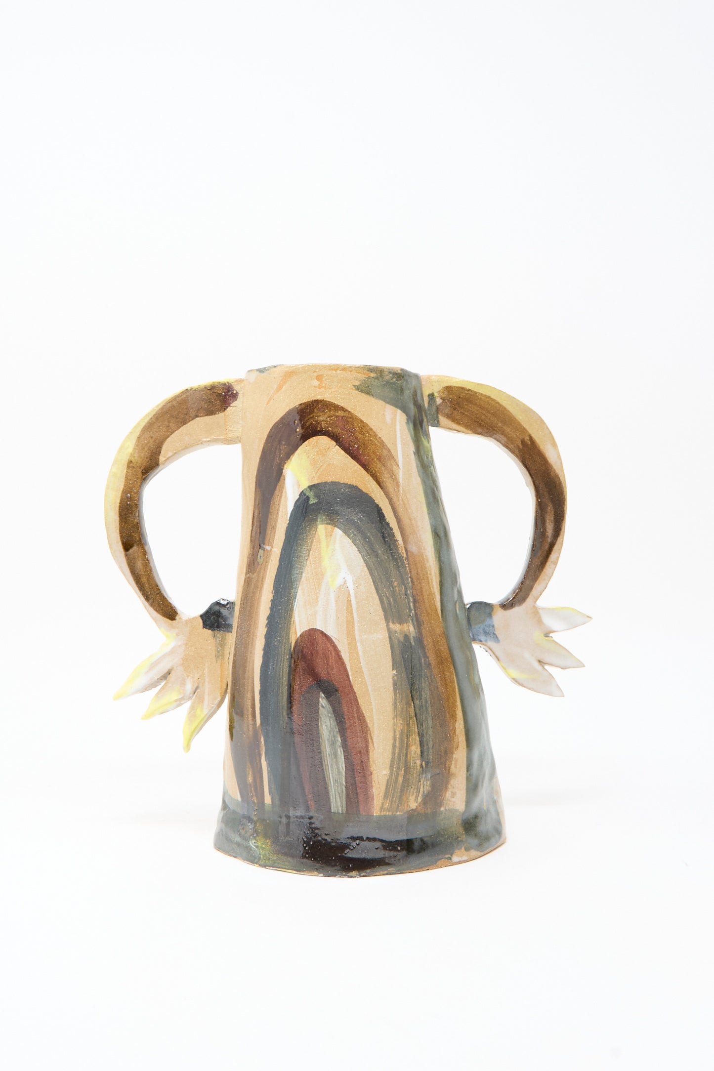 The Two Cyclamens on Top of a Mountain Vase II by Tamar Mogendorff is a handmade ceramic vase with two handles, earth-tone abstract designs, and decorative leaf accents near each handle, inspired by Brooklyn artistry.