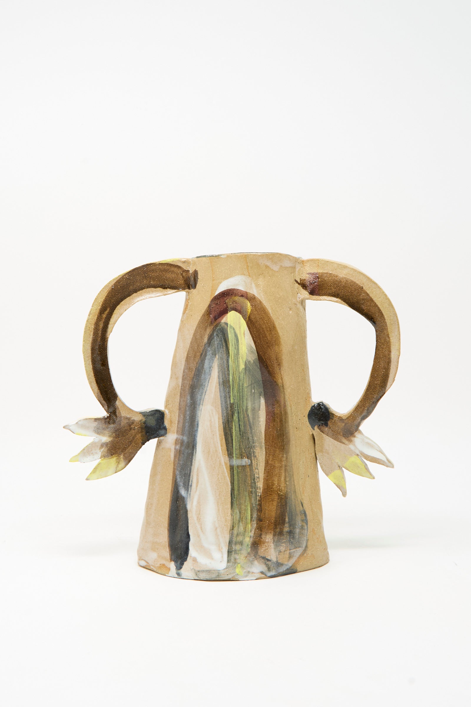 The "Two Cyclamens on Top of a Mountain Vase II" by Tamar Mogendorff is a hand-painted brown ceramic vase featuring two large curved handles and abstract designs, displayed against a white background.