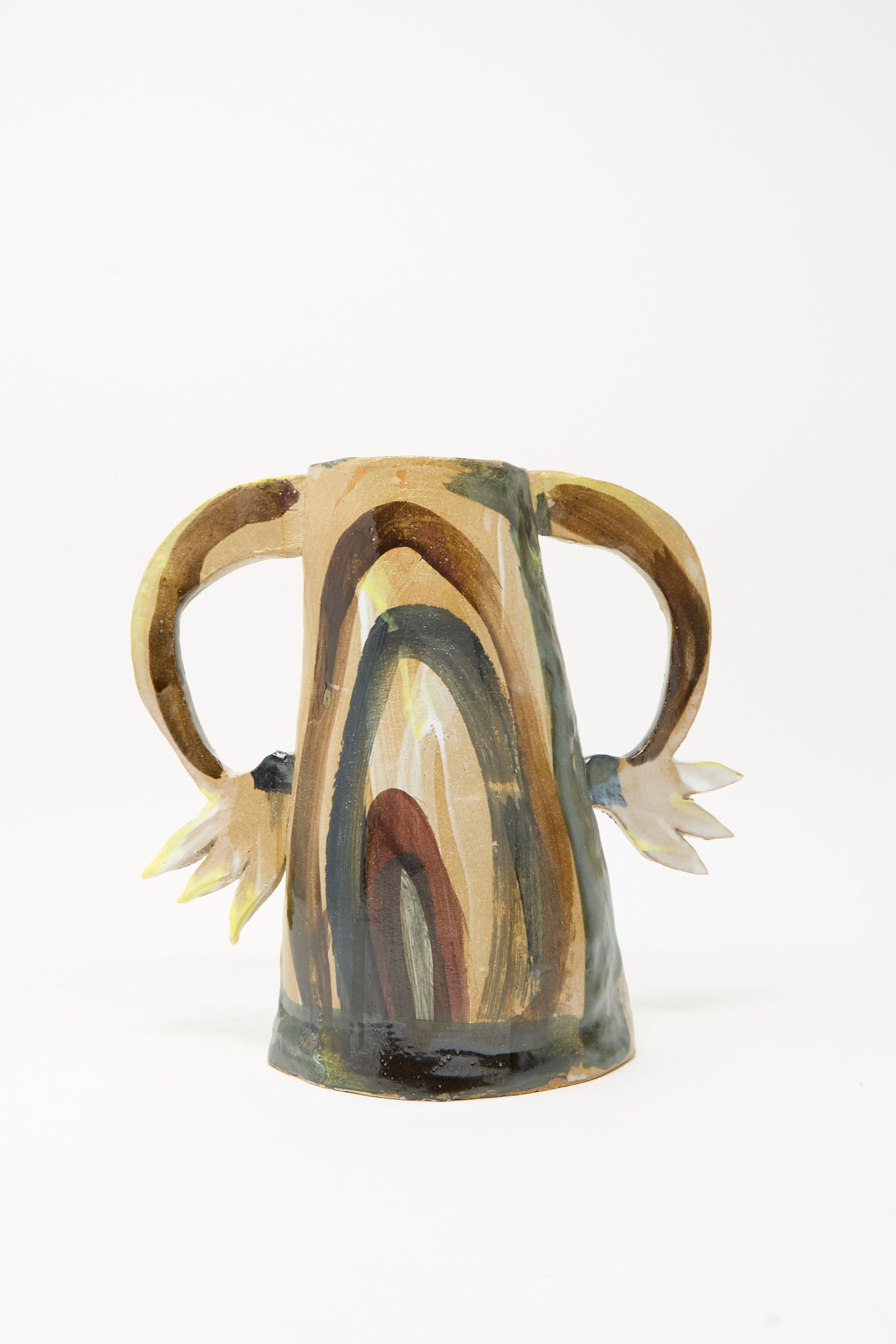 The Two Cyclamens on Top of a Mountain Vase II by Tamar Mogendorff is a handmade ceramic vase featuring two handles with small pointed accents, adorned with abstract brown, yellow, and green painted patterns.