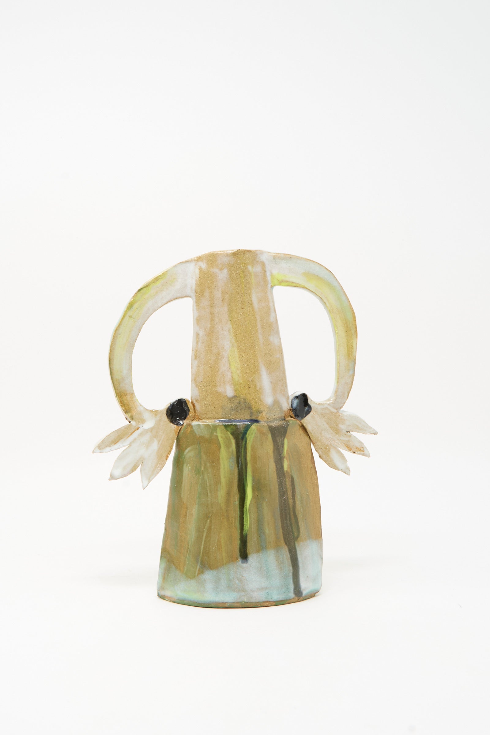 Introducing the "Two Cyclamens on Top of a Mountain Vase III" by Tamar Mogendorff—this handmade ceramic vase features two elegantly curved handles and an abstract design painted in earthy shades of green, beige, and blue. Accentuating its striking form, the vase is adorned with two black circular details near the base of each handle.