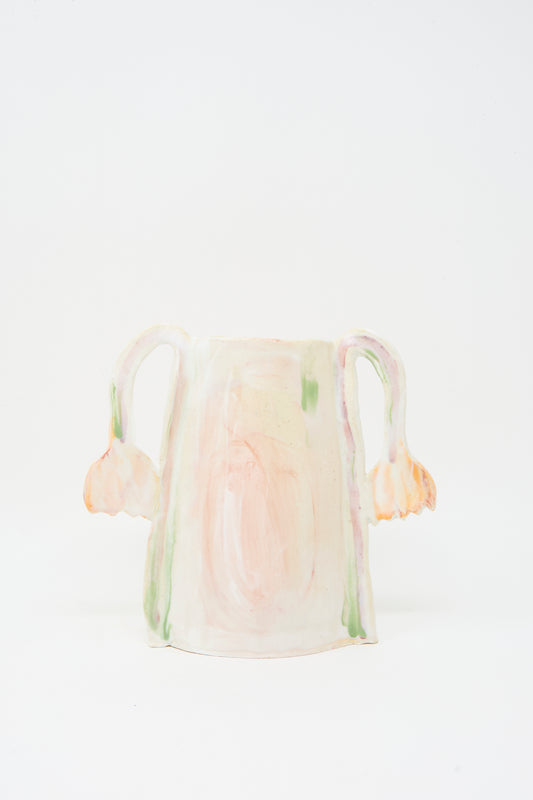 The Two Fritillaria in the afternoon Vase by Tamar Mogendorff is a handmade ceramic piece with two flower-like handles, painted in soft pastels and set against a white background, crafted with care in Brooklyn, NY.