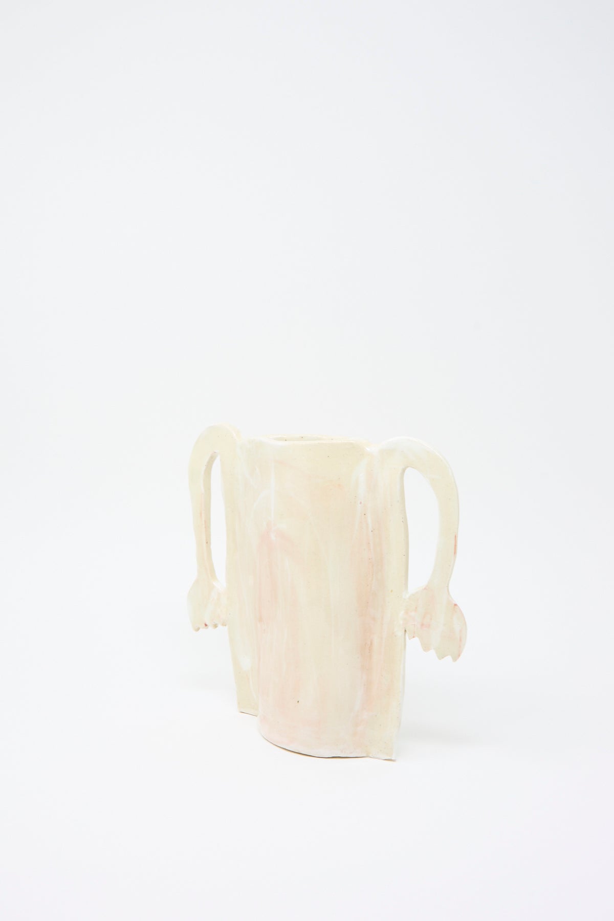 Tamar Mogendorff Two Fritillaria in the Morning Vase: an off-white handmade ceramic vase with two curved handles and subtle pink hand-painted brushstrokes.
