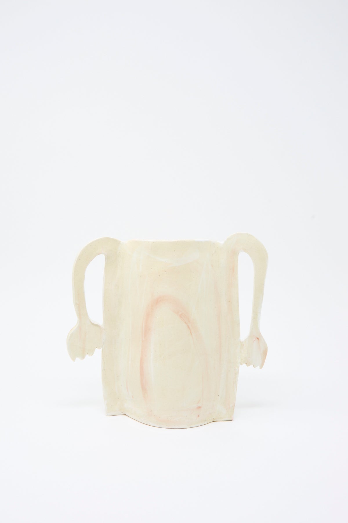 Handmade off-white ceramic Two Fritillaria in the Morning Vase with two flat, symmetrical handles.