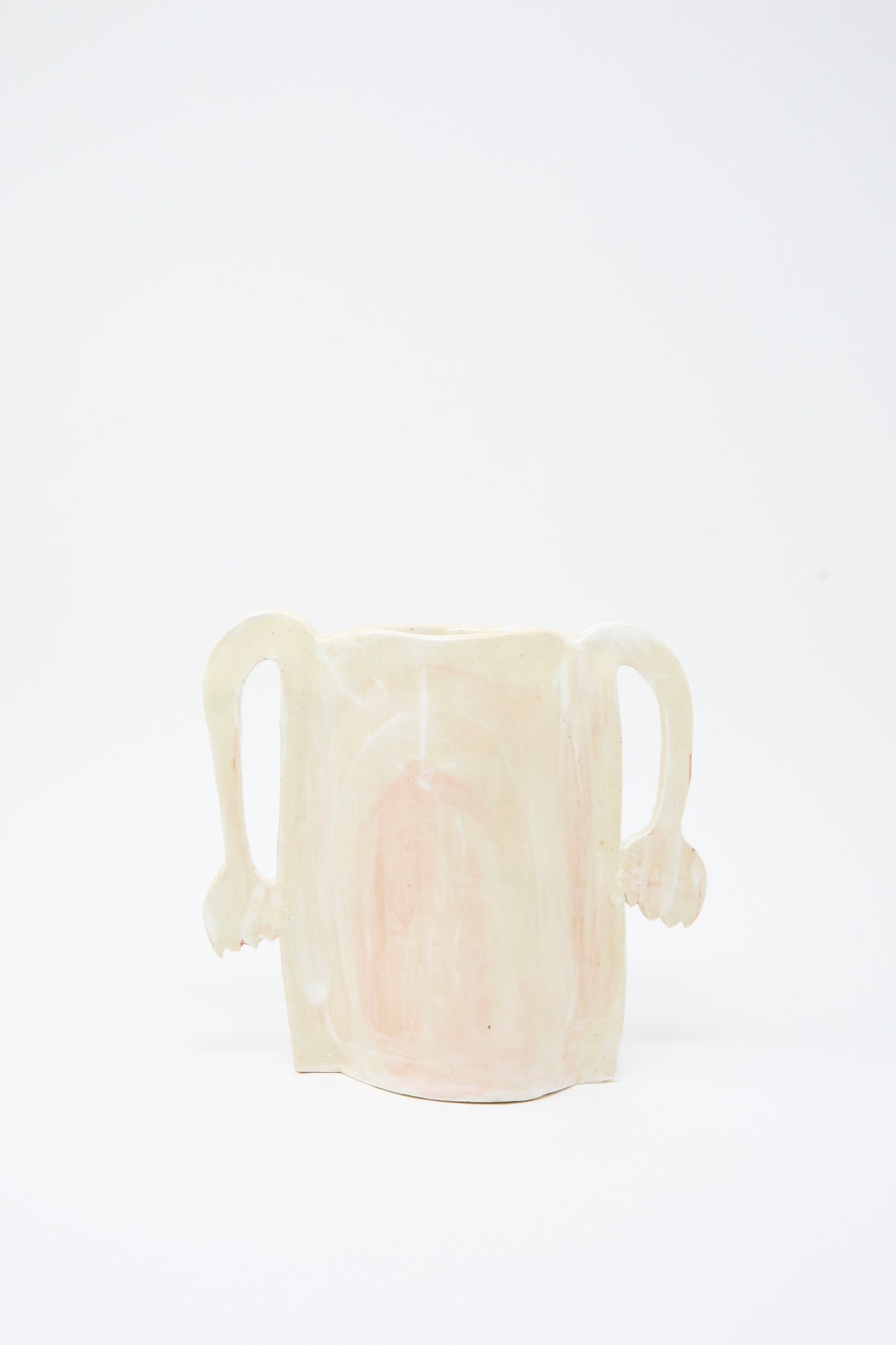 Tamar Mogendorff Two Fritillaria in the Morning vase in cream-colored ceramic with two arched handles and faint pink brushwork.
