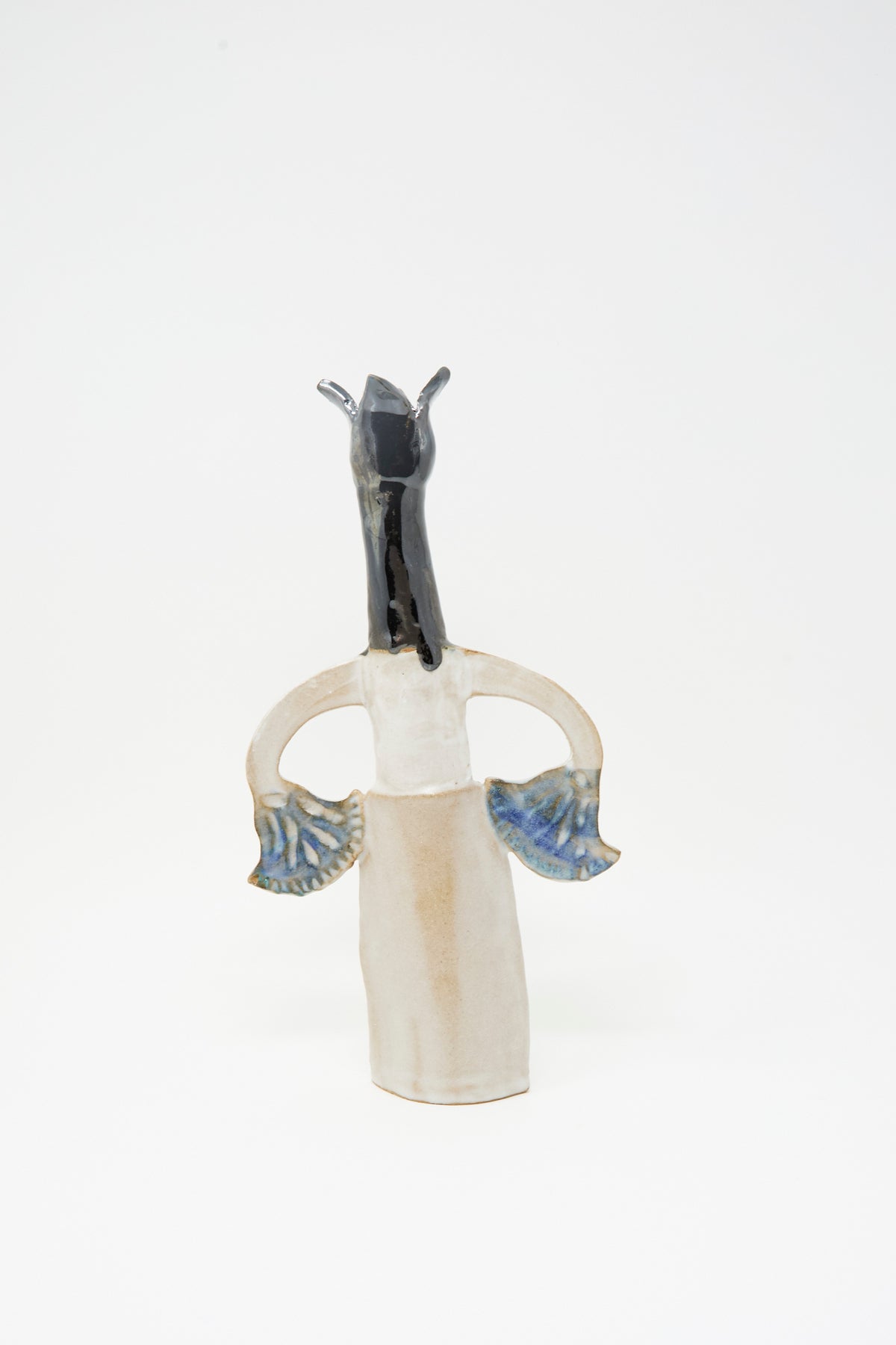 Tamar Mogendorff Two Papyrus candle holder, a handmade ceramic abstract figure with a long neck, flared arms, and a multicolored glaze finish.