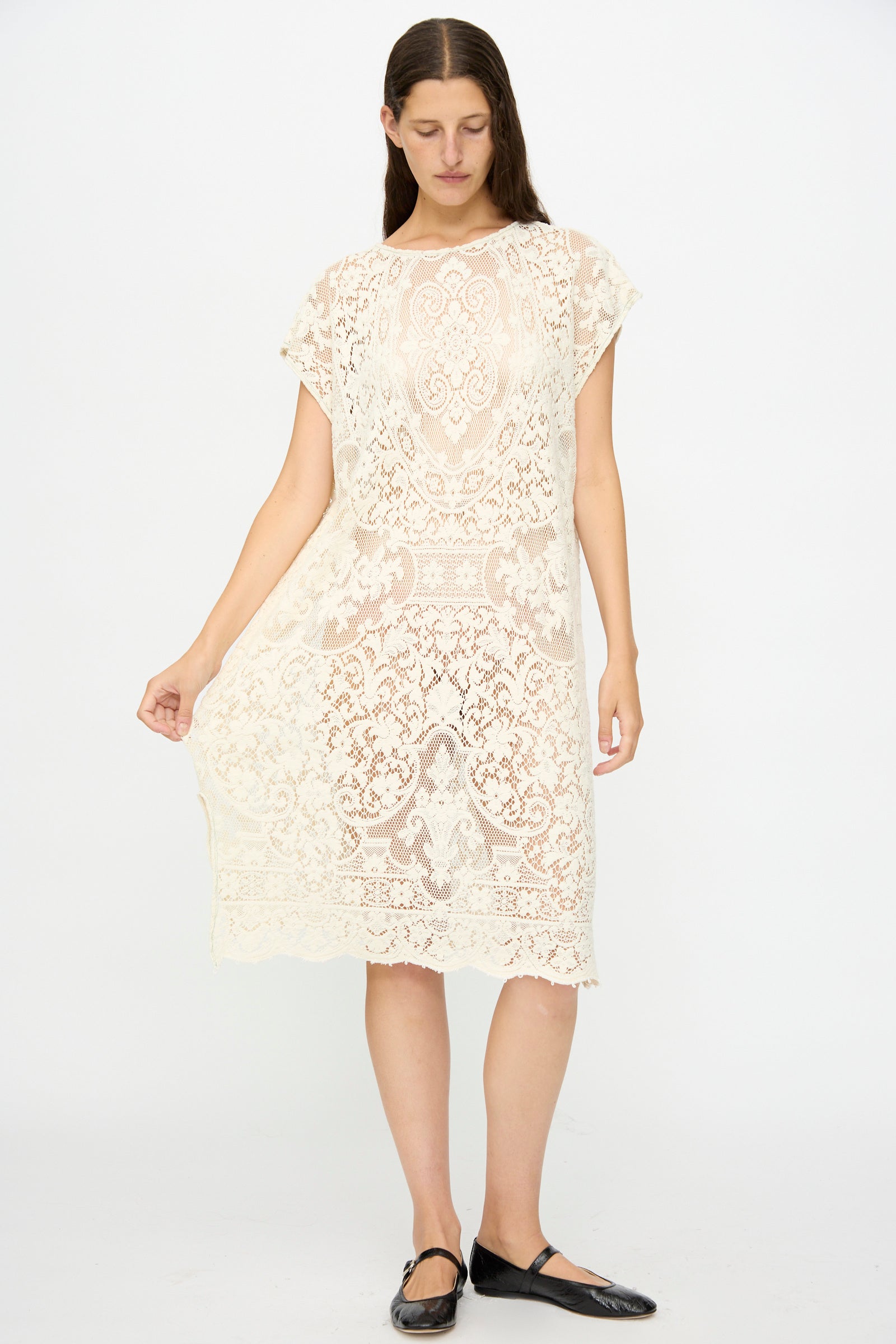 A person wears the Quaker Lace Caftan Midi Pullover by Thank You Have A Good Day with black flats, standing against a plain white background.