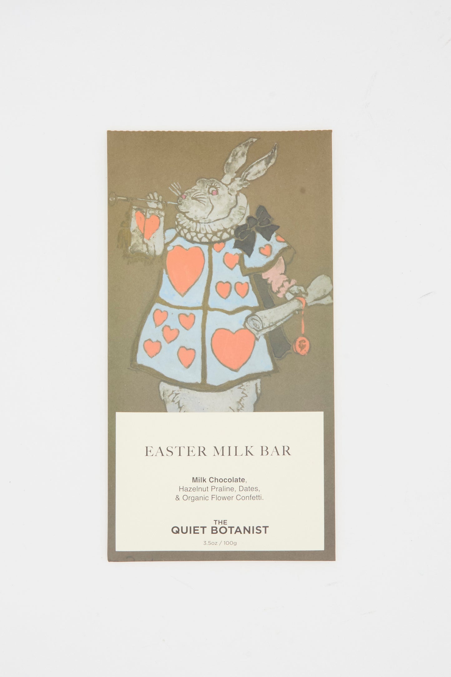 The Quiet Botanist's Easter Milk Bar features a rabbit in a heart-patterned coat with a horn on its packaging and contains delicious hazelnut praline milk chocolate inside.