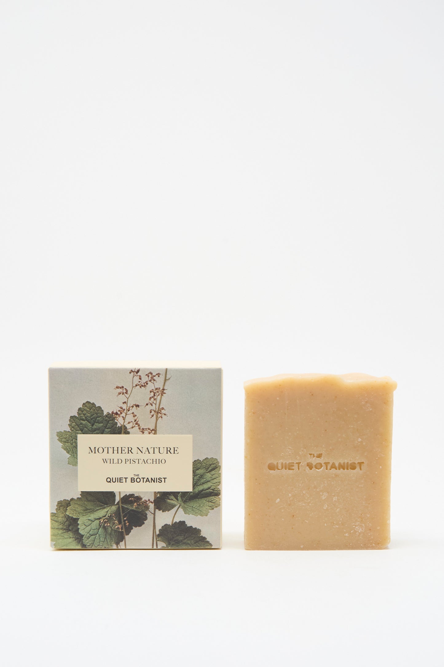 A Mother Nature Wild Pistachio Soap Bar by The Quiet Botanist stands beside its box featuring a botanical design; this vegan, handmade soap comes from Turkey.