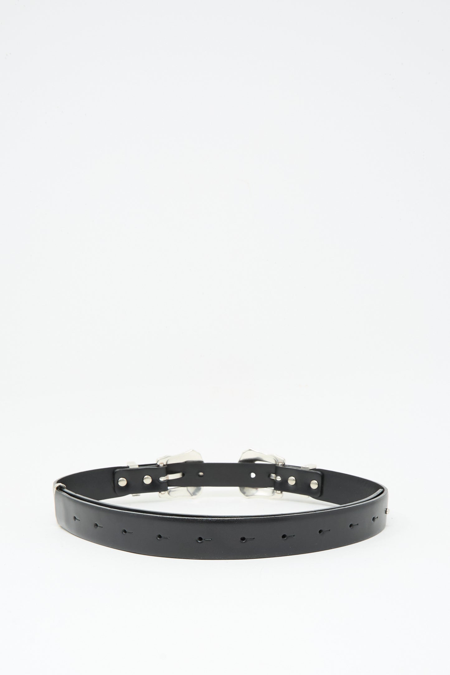 The TOGA ARCHIVES Double Buckle Belt in Black features cowhide leather, silver double buckles, classic holes, and western-style accents, shown against a white background.